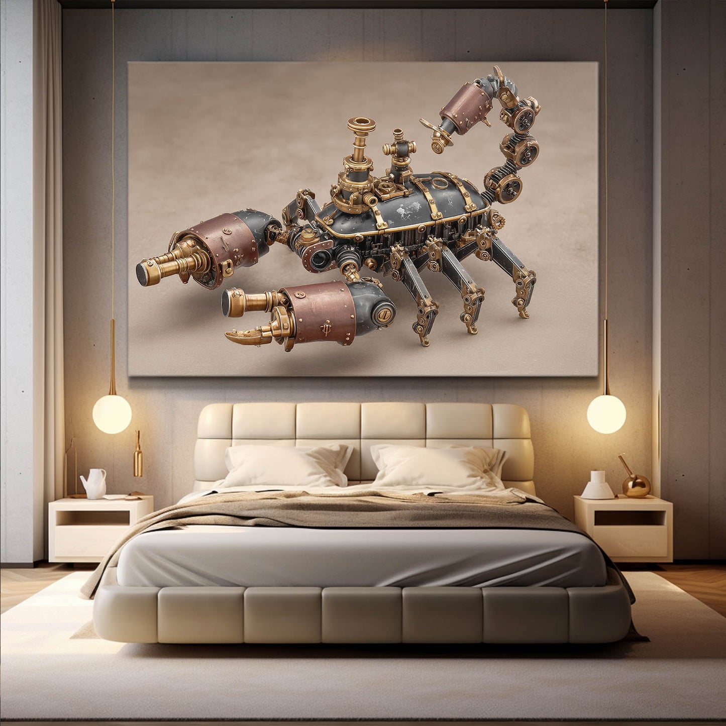 Brass Clockwork Scorpion Steampunk Wall Decor – styled in a furnished interior