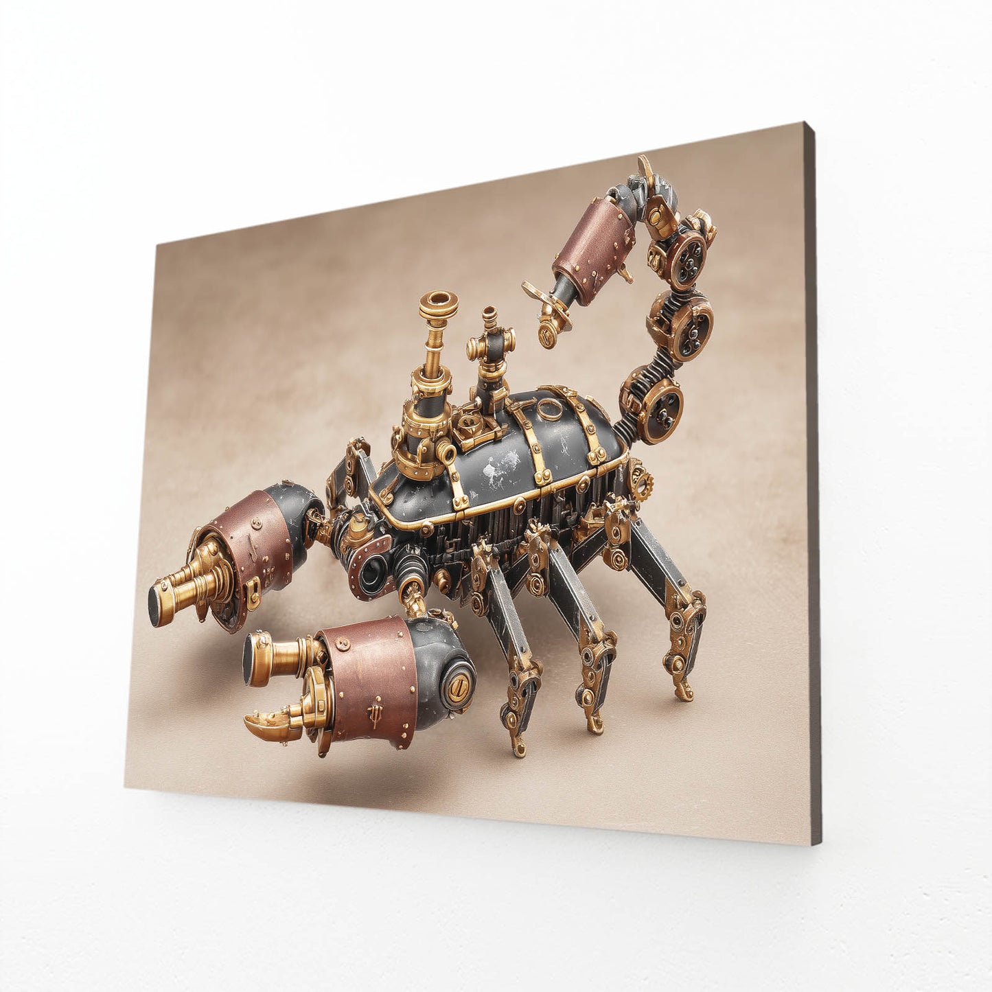 Brass Clockwork Scorpion Steampunk Wall Decor – angled canvas view on white background