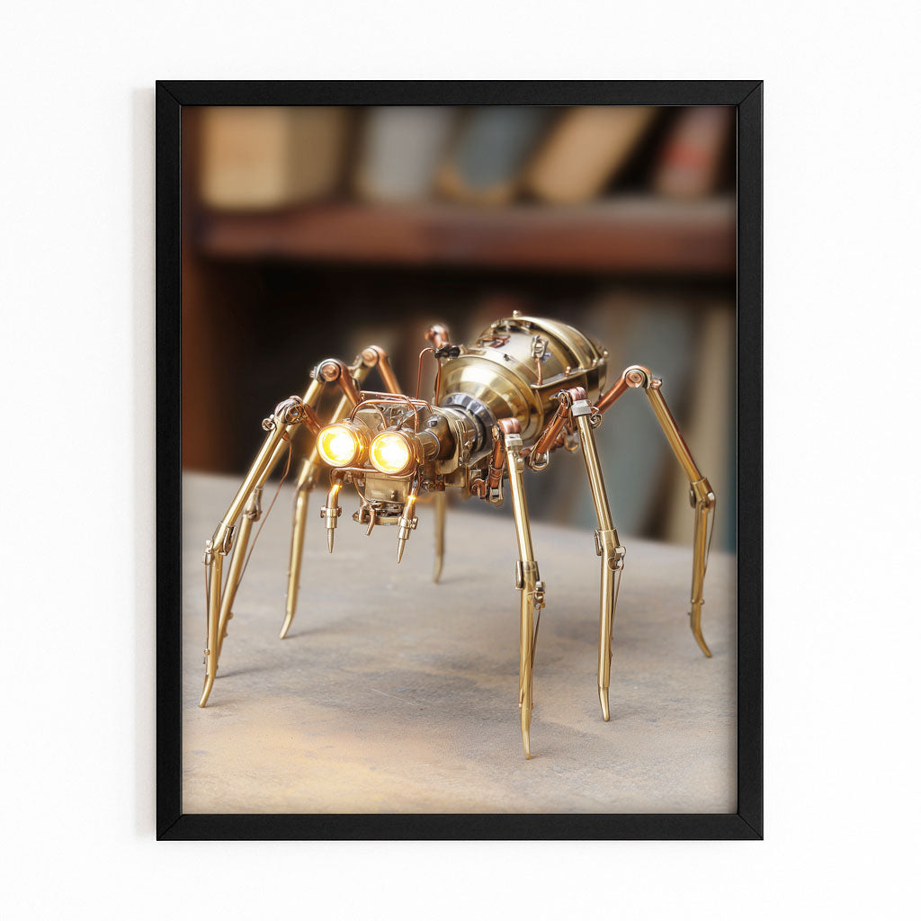 Brass Clockwork Spider Steampunk Canvas Art – with Premium Black frame on white background