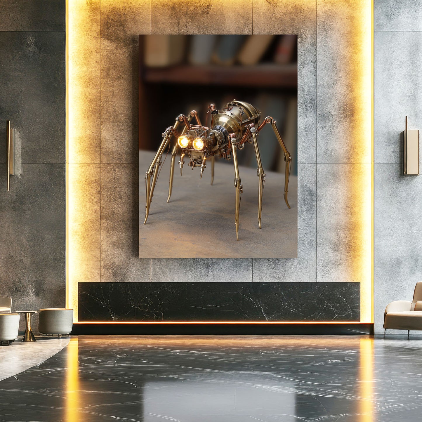Brass Clockwork Spider Steampunk Canvas Art – styled in a furnished interior