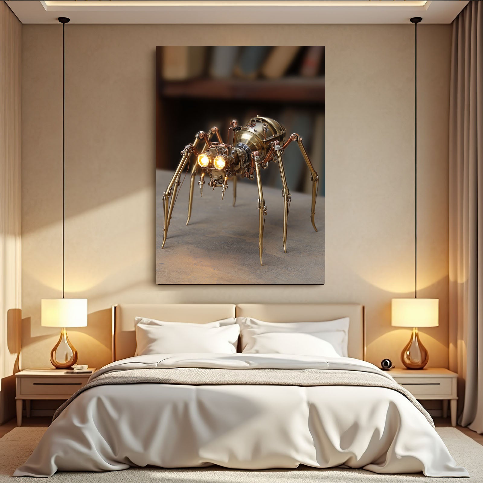 Brass Clockwork Spider Steampunk Canvas Art – styled in a furnished interior