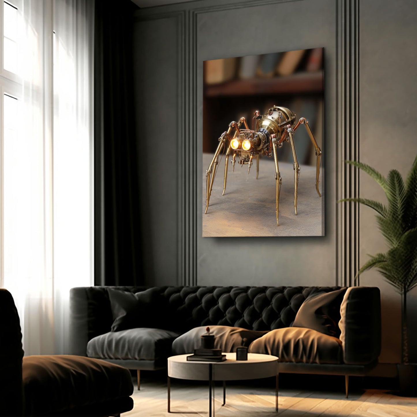 Brass Clockwork Spider Steampunk Canvas Art – styled in a furnished interior