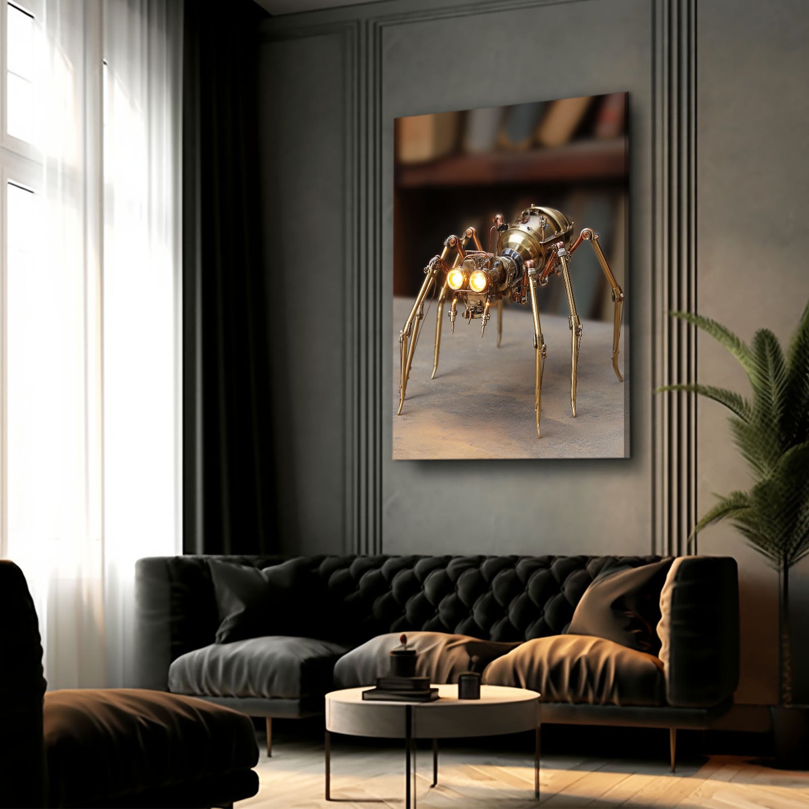 Brass Clockwork Spider Steampunk Canvas Art – styled in a furnished interior