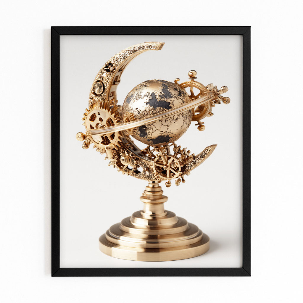 Brass Crescent Globe Steampunk Wall Art – with Premium Black frame on white background
