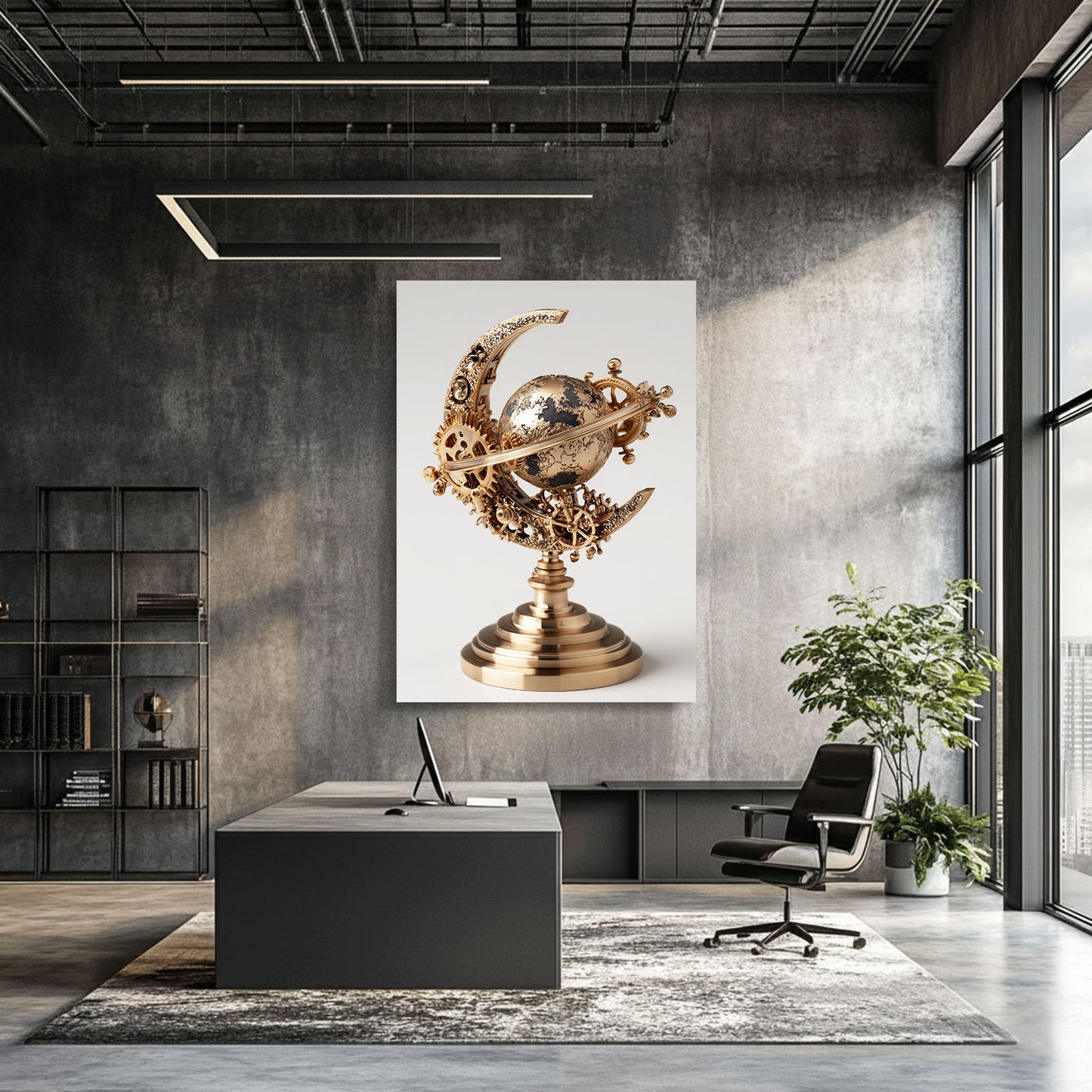 Brass Crescent Globe Steampunk Wall Art – styled in a furnished interior