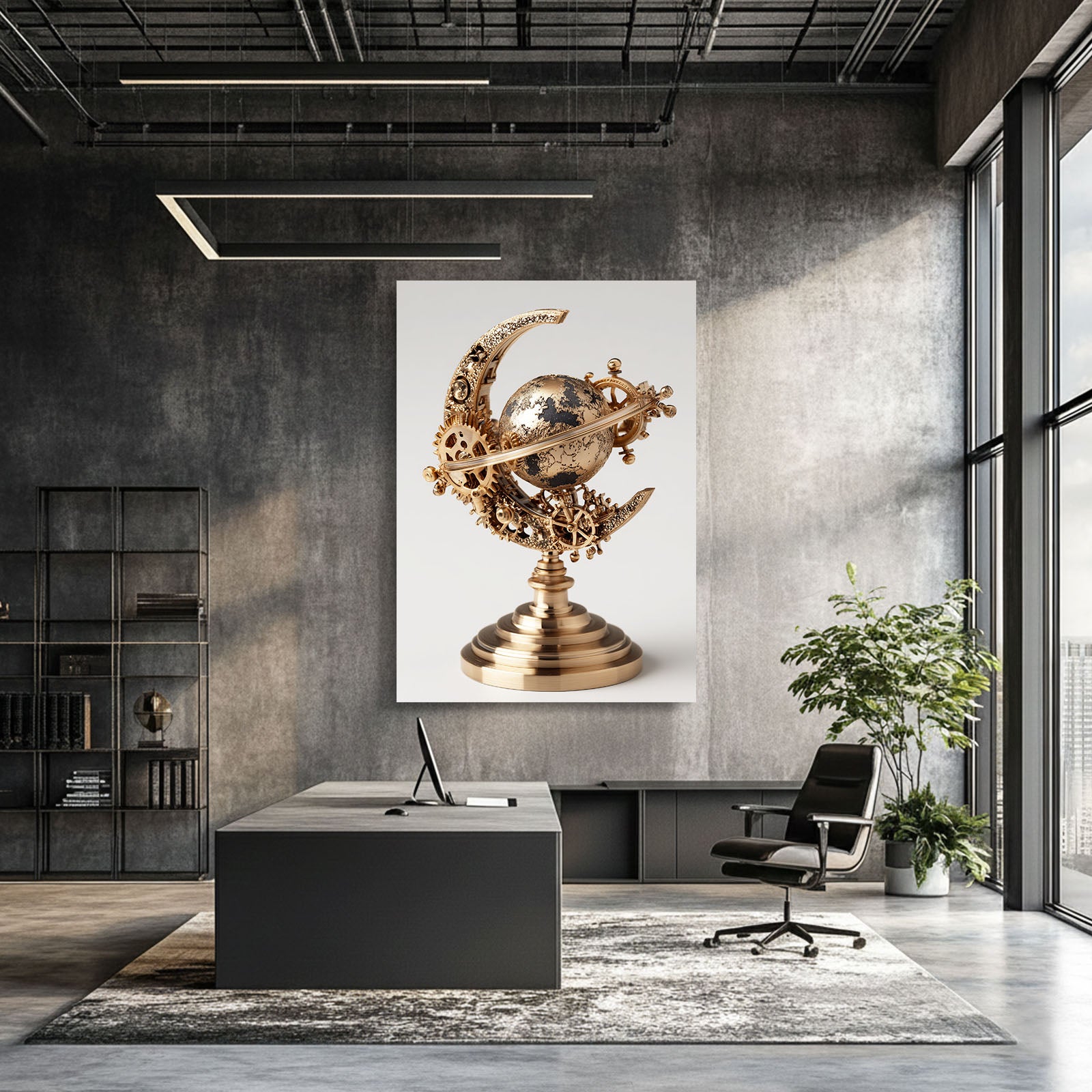 Brass Crescent Globe Steampunk Wall Art – styled in a furnished interior