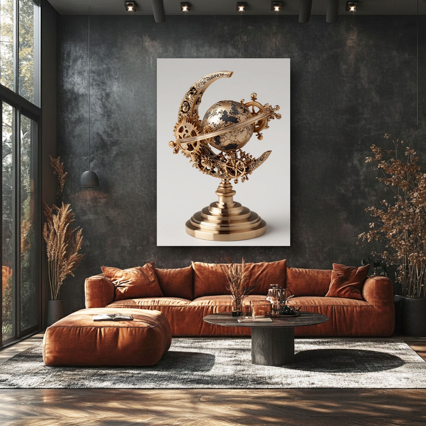 Brass Crescent Globe Steampunk Wall Art – styled in a furnished interior