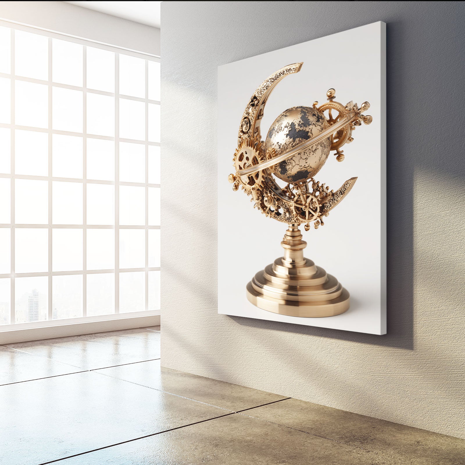 Brass Crescent Globe Steampunk Wall Art – styled in a furnished interior