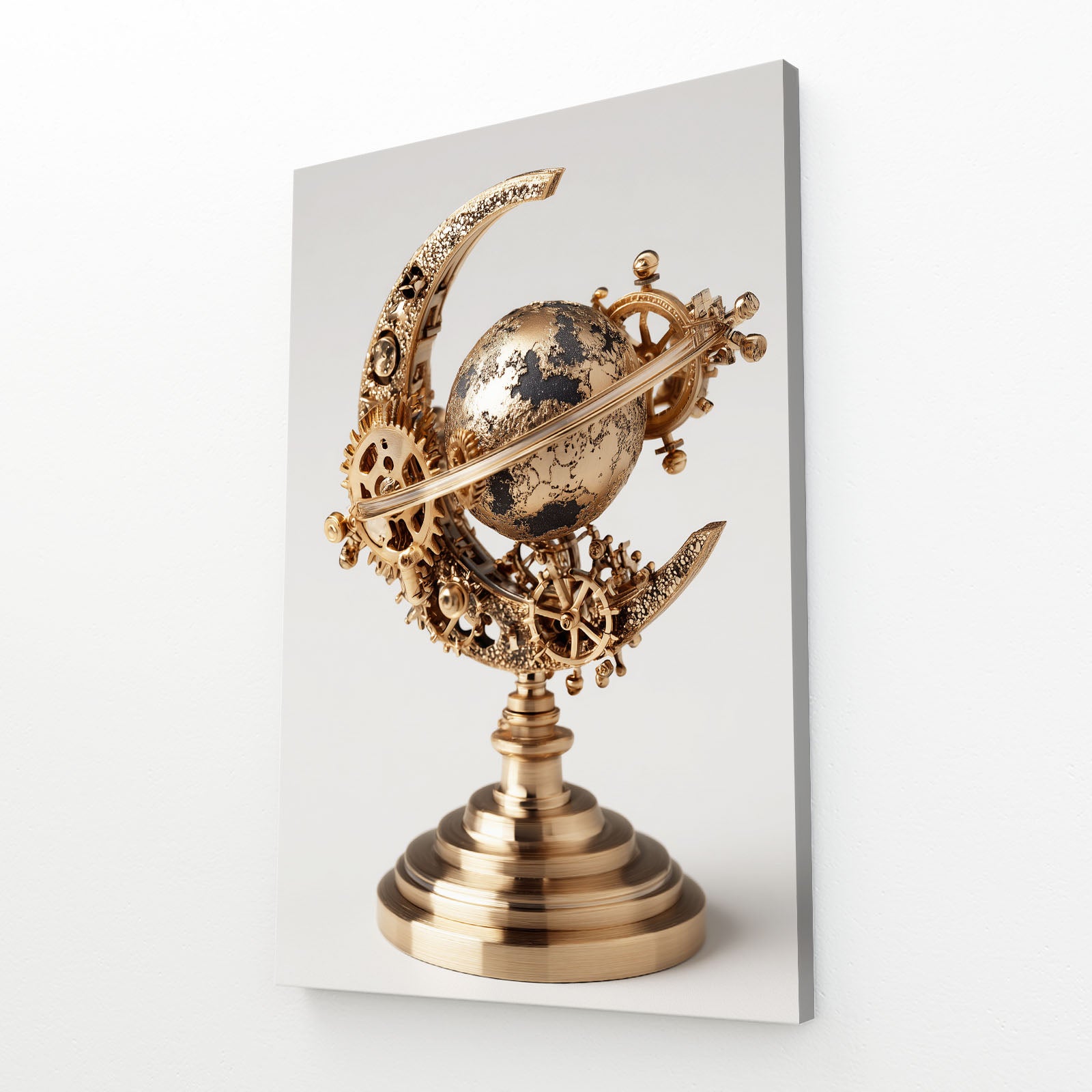 Brass Crescent Globe Steampunk Wall Art – angled canvas view on white background