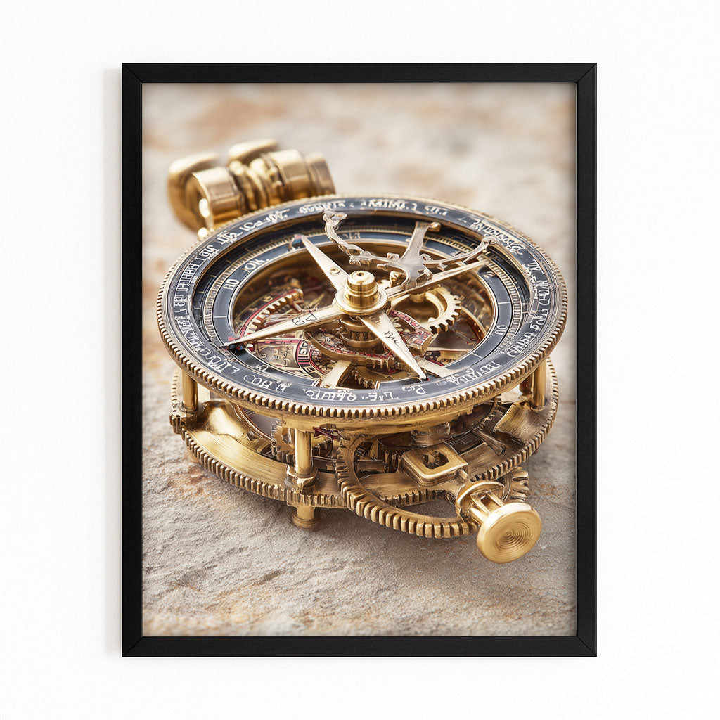 Brass Gear Compass Steampunk Prints – with Premium Black frame on white background