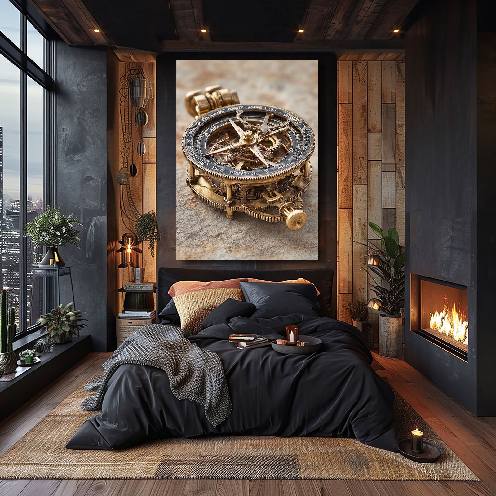 Brass Gear Compass Steampunk Prints – styled in a furnished interior