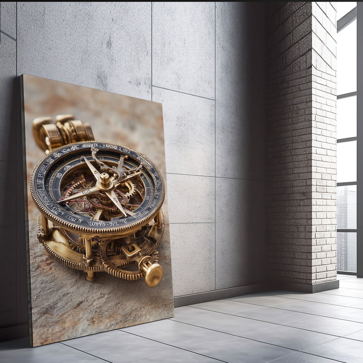 Brass Gear Compass Steampunk Prints – styled in a furnished interior