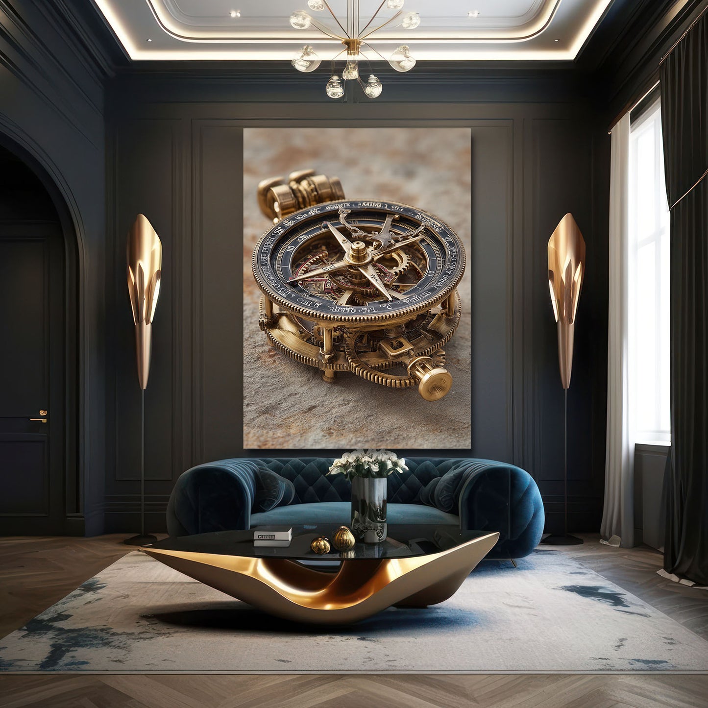 Brass Gear Compass Steampunk Prints – styled in a furnished interior