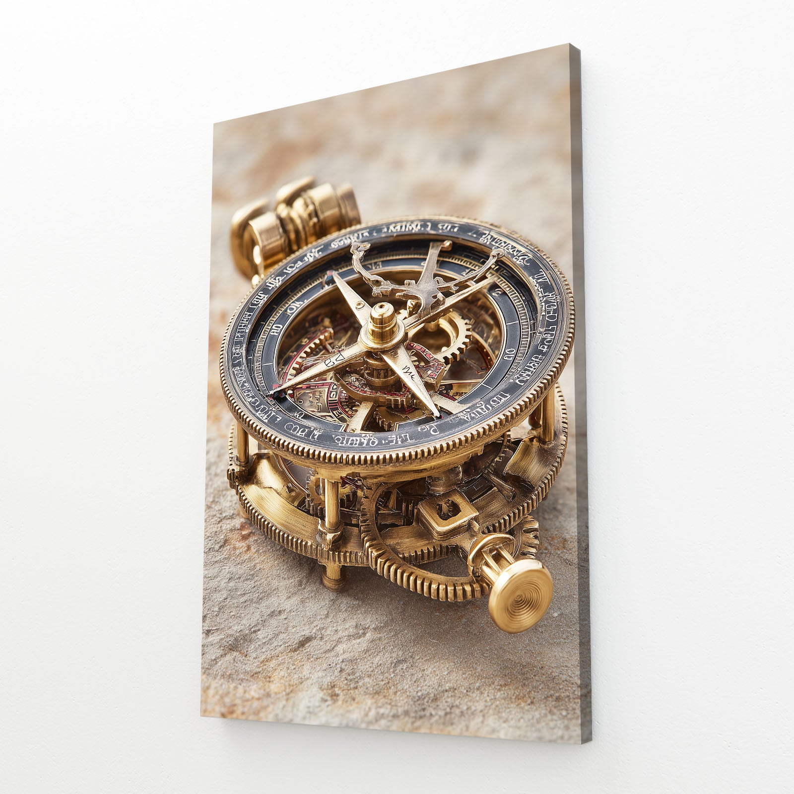 Brass Gear Compass Steampunk Prints – angled canvas view on white background