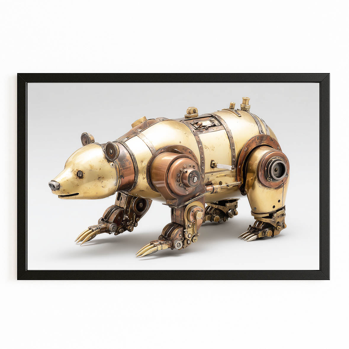 Brass Mechanical Bear Steampunk Canvas Art – with Premium Black frame on white background