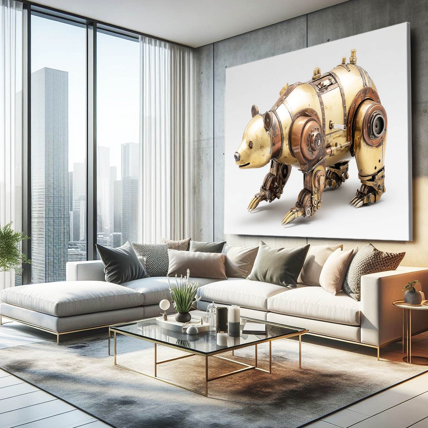 Brass Mechanical Bear Steampunk Canvas Art – styled in a furnished interior
