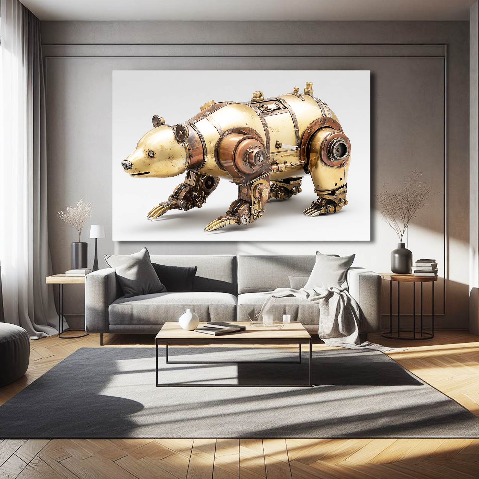 Brass Mechanical Bear Steampunk Canvas Art – styled in a furnished interior