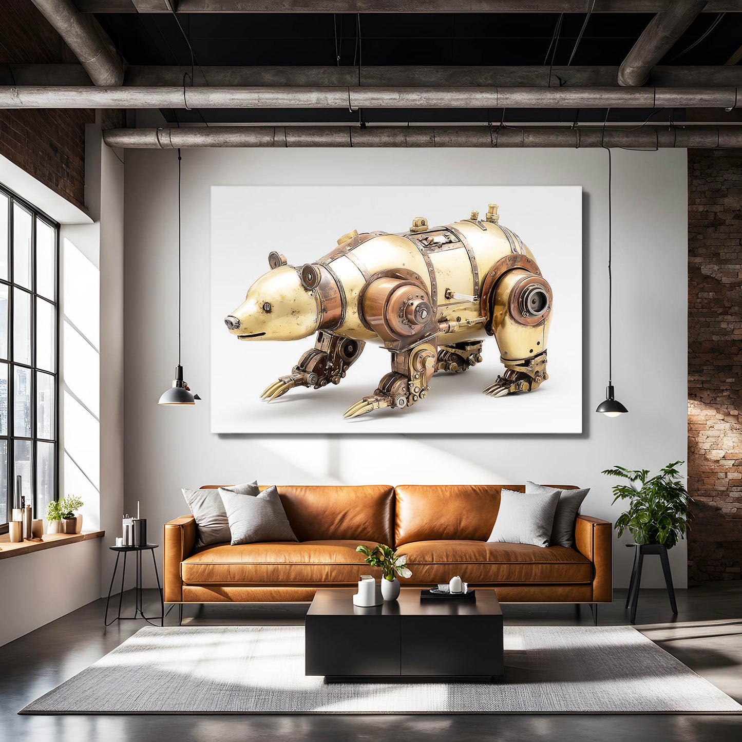 Brass Mechanical Bear Steampunk Canvas Art – styled in a furnished interior