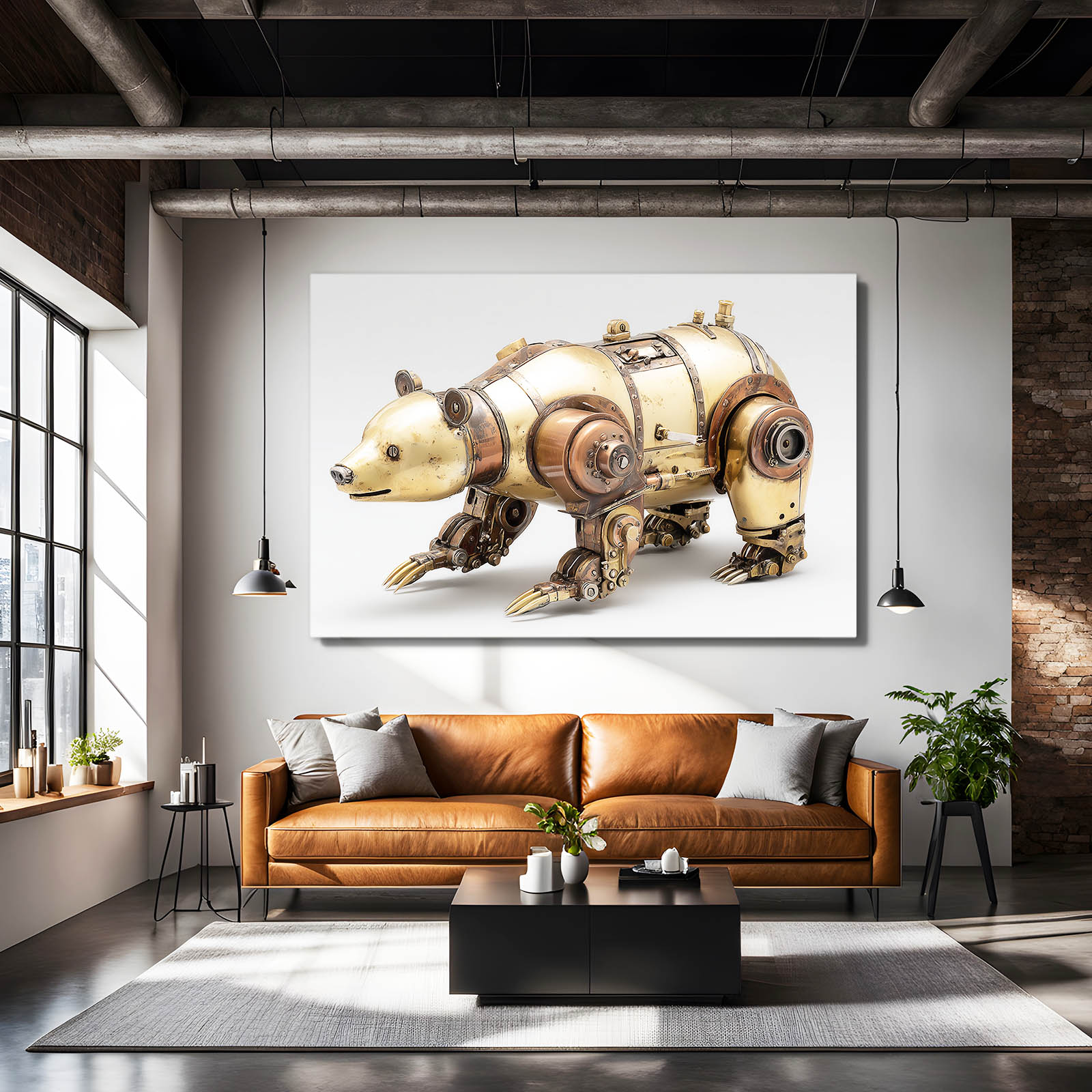 Brass Mechanical Bear Steampunk Canvas Art – styled in a furnished interior