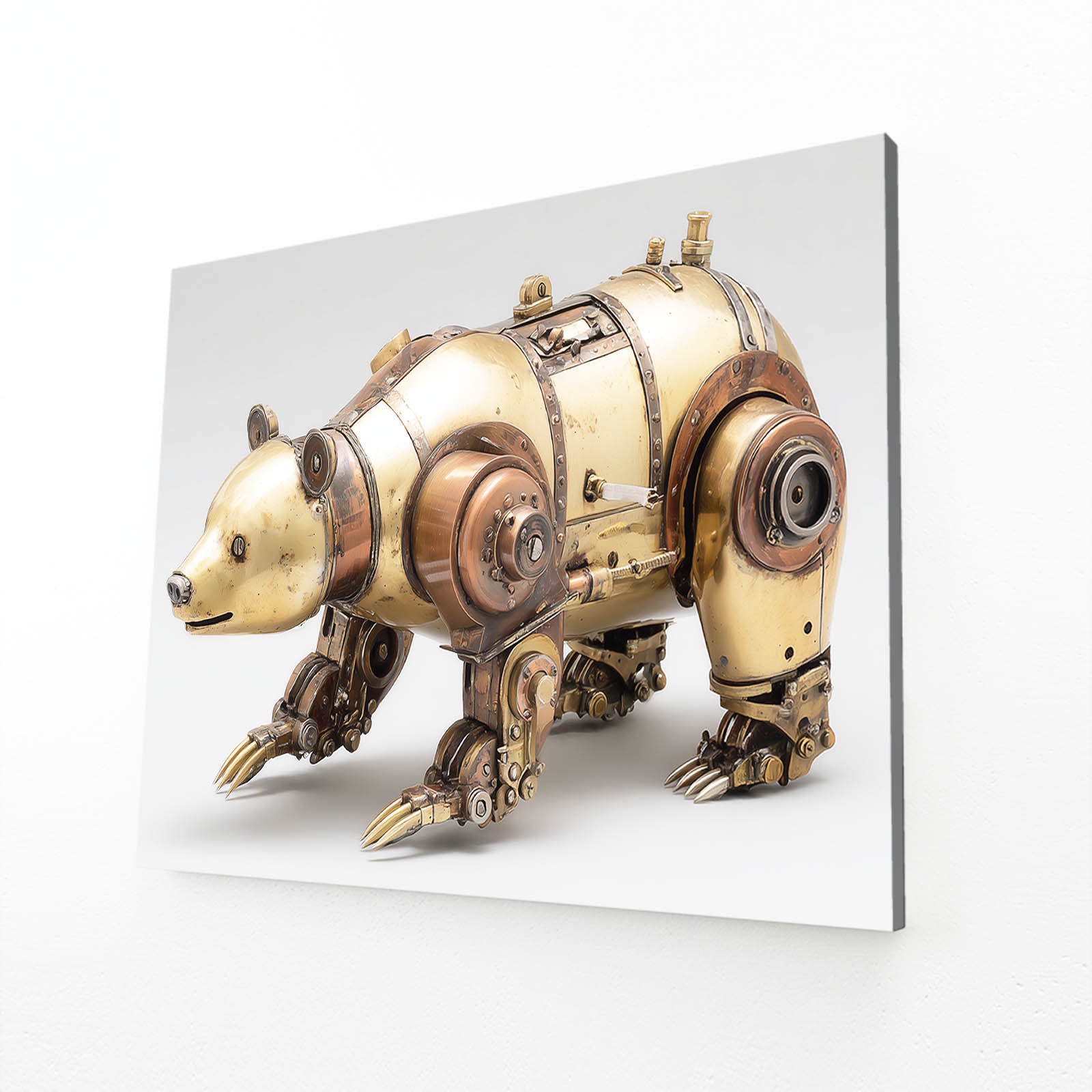Brass Mechanical Bear Steampunk Canvas Art – angled canvas view on white background
