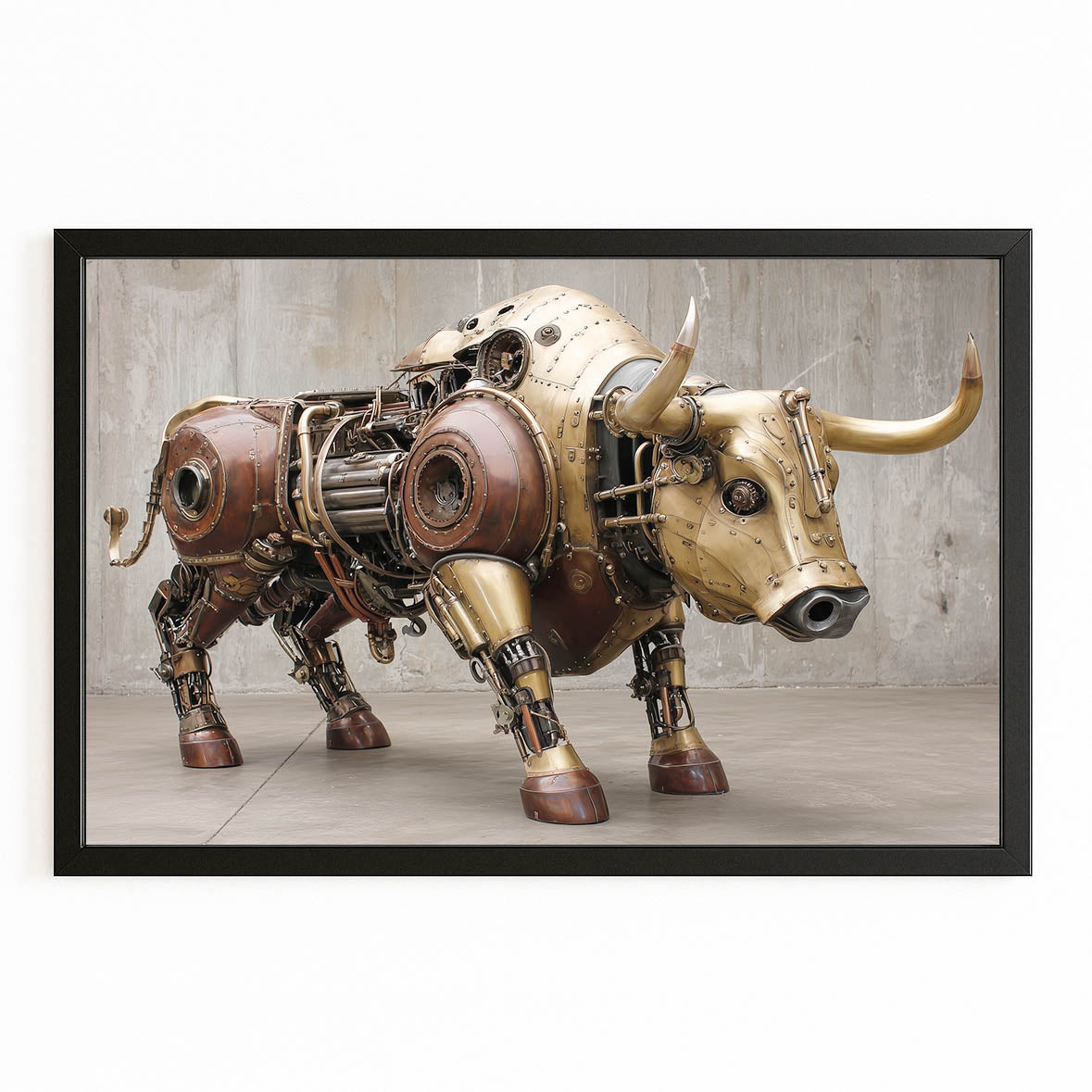Brass Mechanical Bull Steampunk Canvas – with Premium Black frame on white background