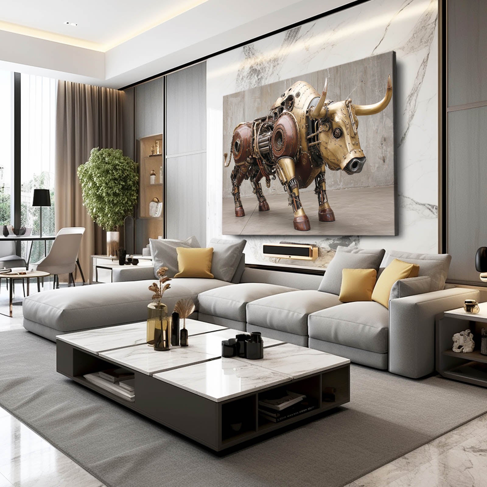 Brass Mechanical Bull Steampunk Canvas – styled in a furnished interior