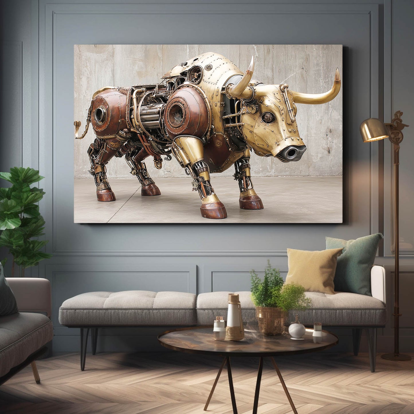 Brass Mechanical Bull Steampunk Canvas – styled in a furnished interior
