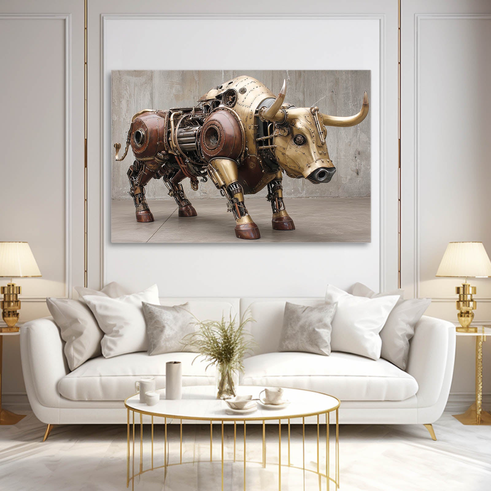 Brass Mechanical Bull Steampunk Canvas – styled in a furnished interior