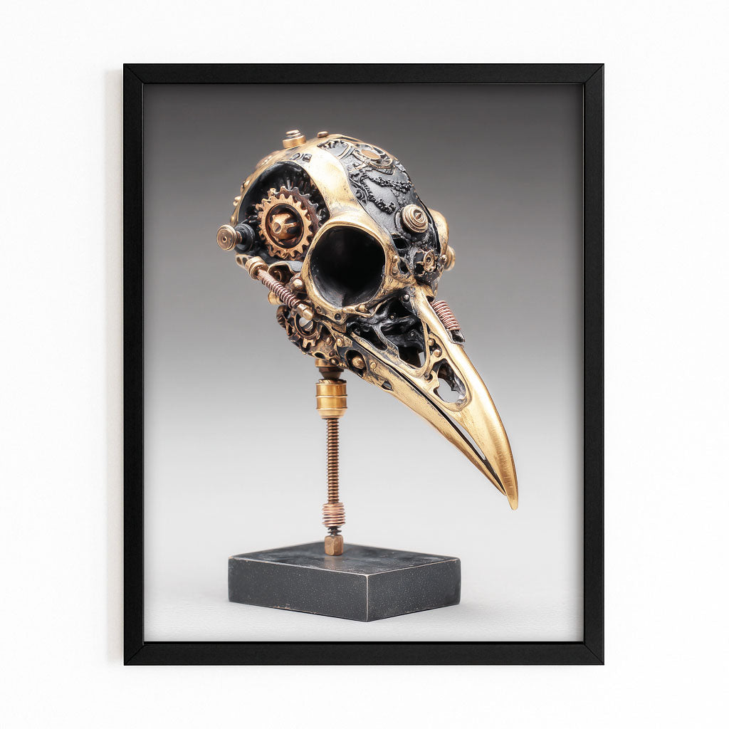 Brass Raven Skull Steampunk Canvas – with Premium Black frame on white background