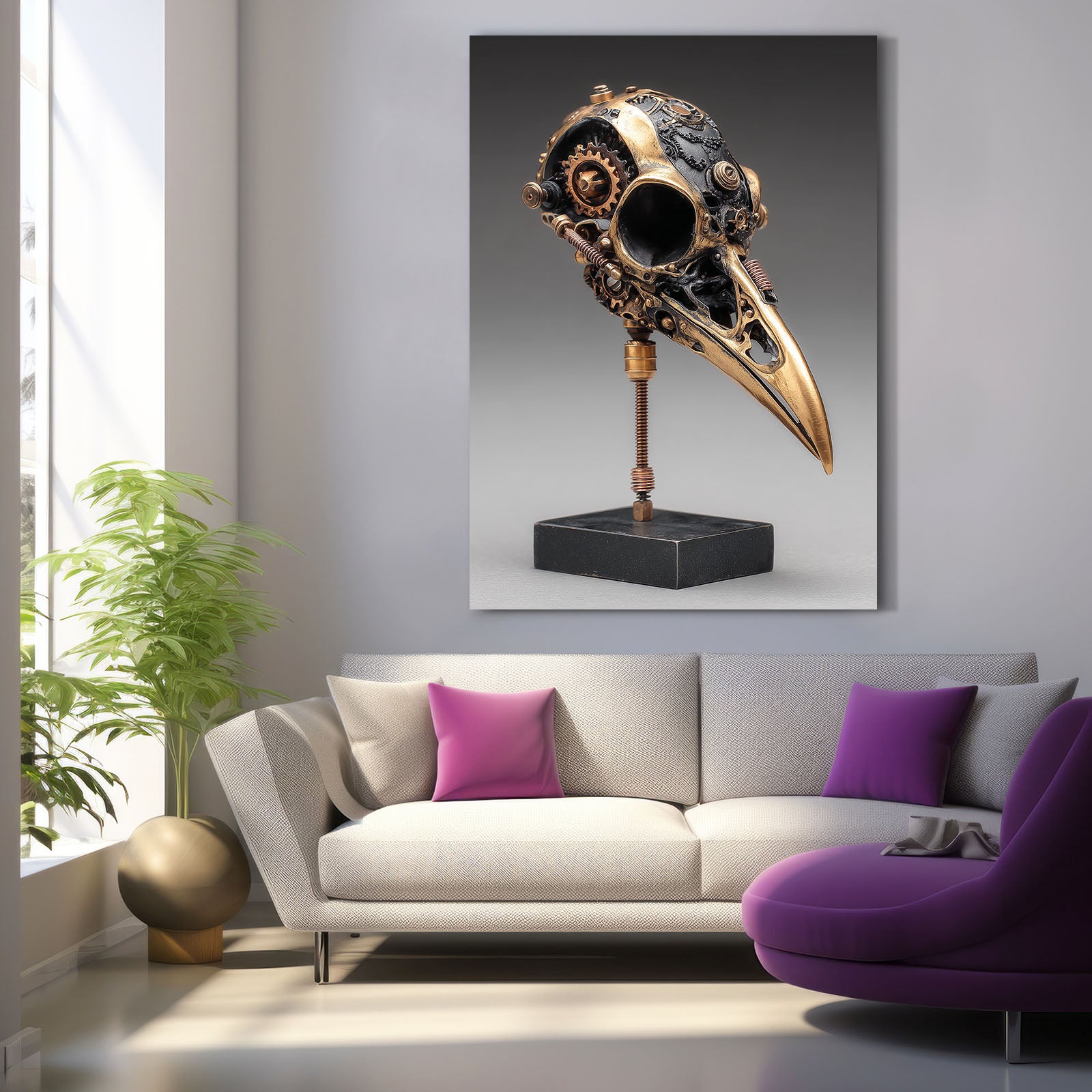 Brass Raven Skull Steampunk Canvas – styled in a furnished interior