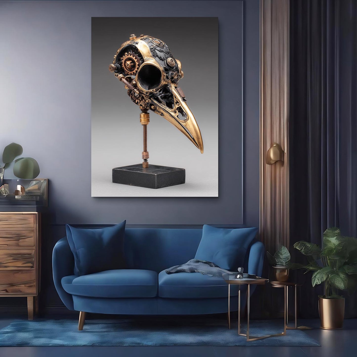 Brass Raven Skull Steampunk Canvas – styled in a furnished interior