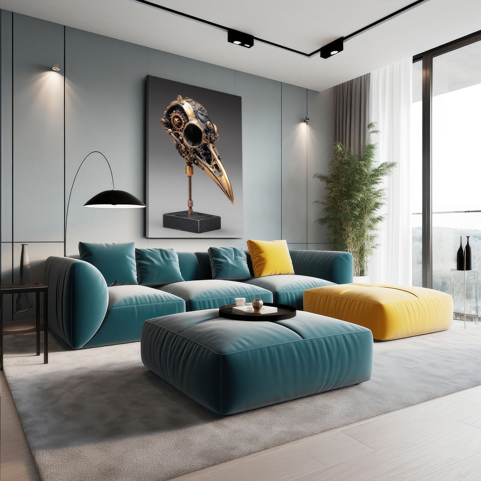 Brass Raven Skull Steampunk Canvas – styled in a furnished interior