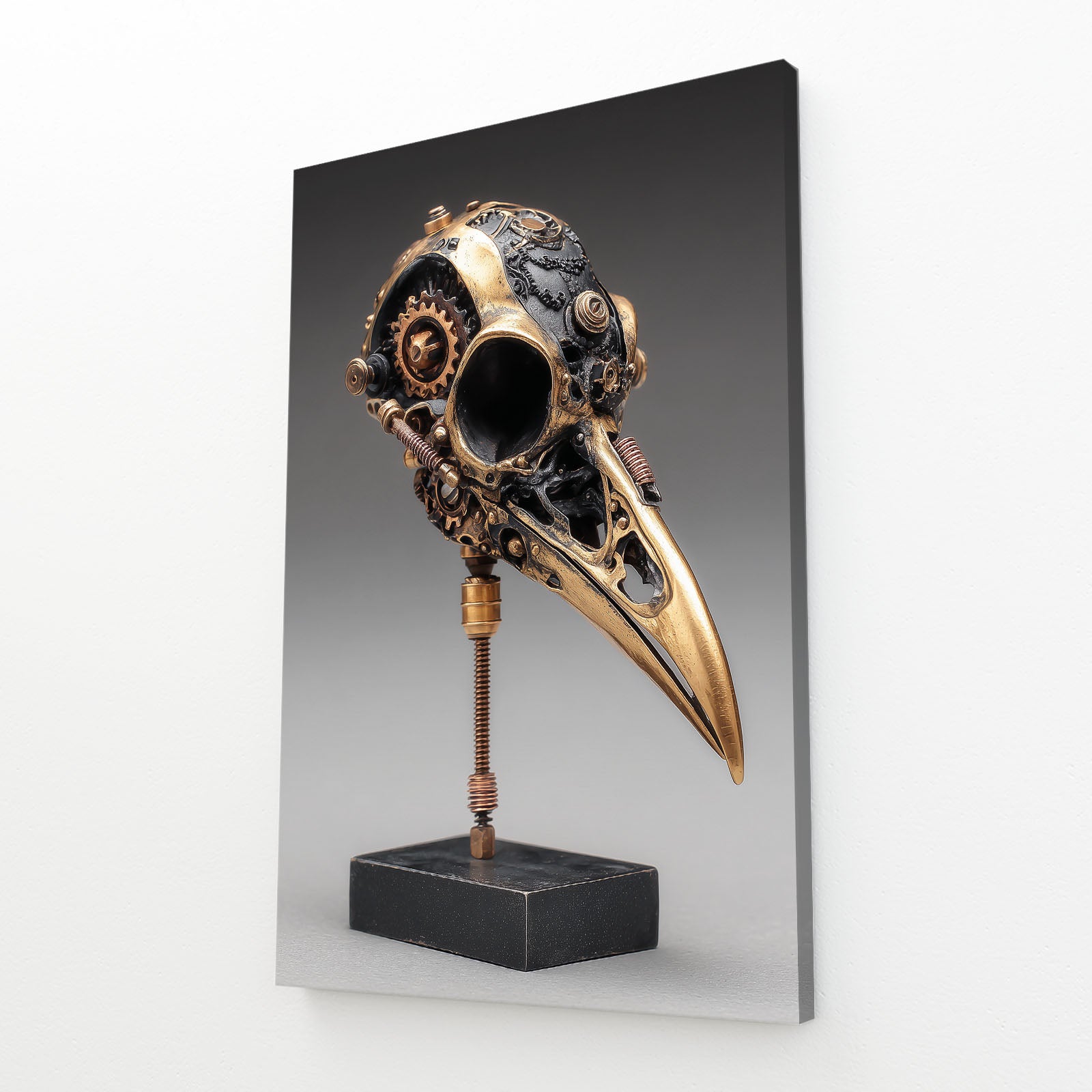 Brass Raven Skull Steampunk Canvas – angled canvas view on white background