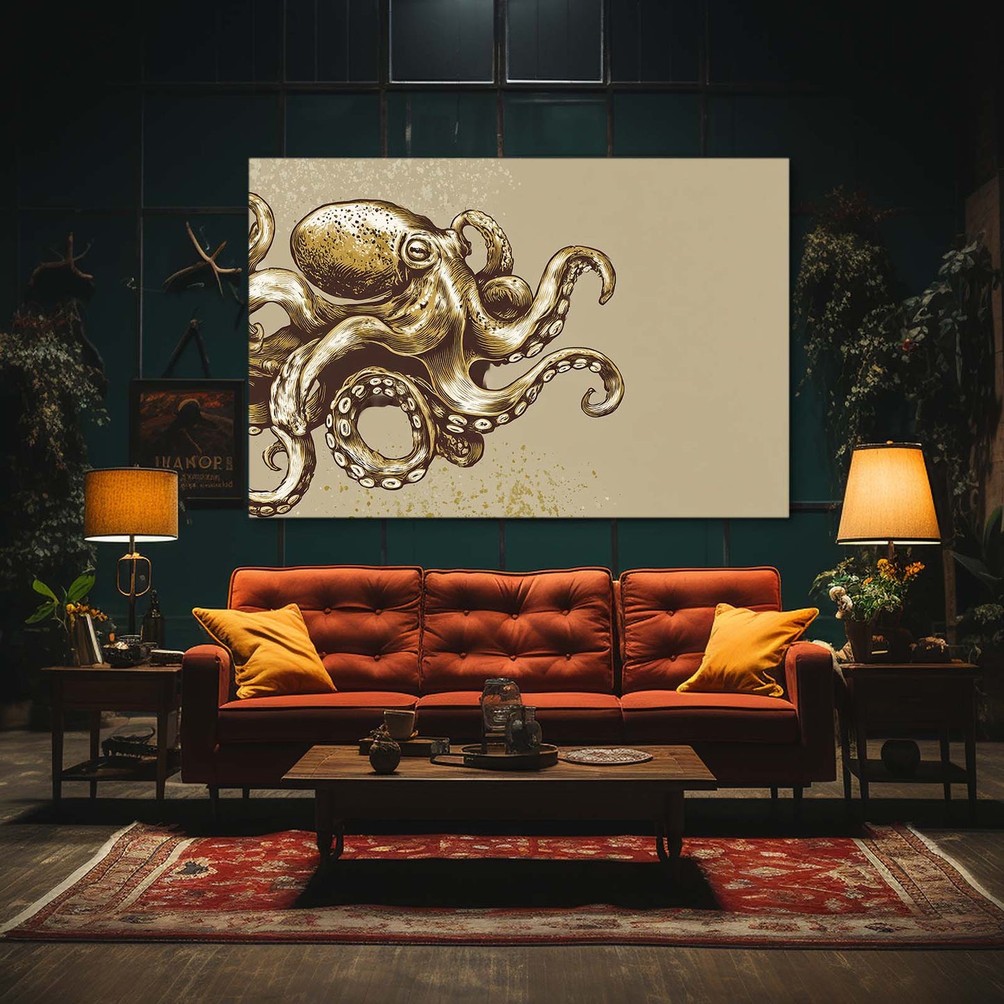 Brass Relief Octopus Prints – styled in a furnished interior