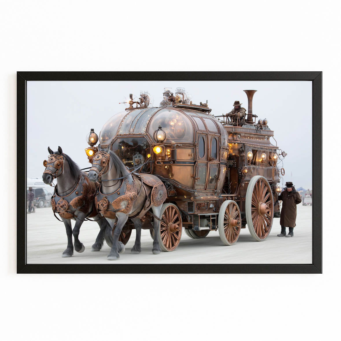 Brass Steam Carriage Steampunk Wall Art – with Premium Black frame on white background