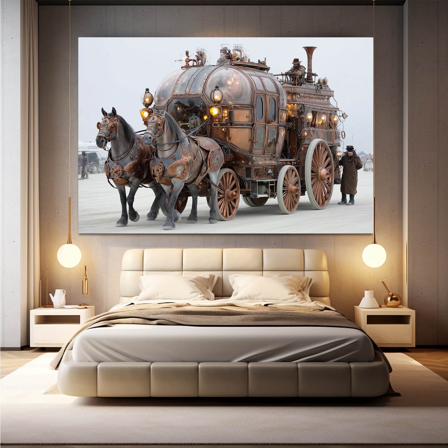 Brass Steam Carriage Steampunk Wall Art – styled in a furnished interior