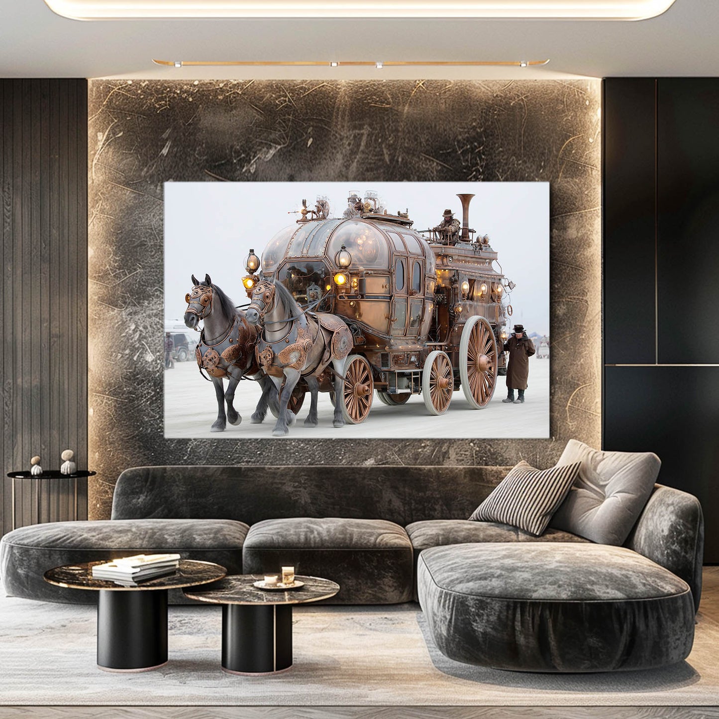 Brass Steam Carriage Steampunk Wall Art – styled in a furnished interior