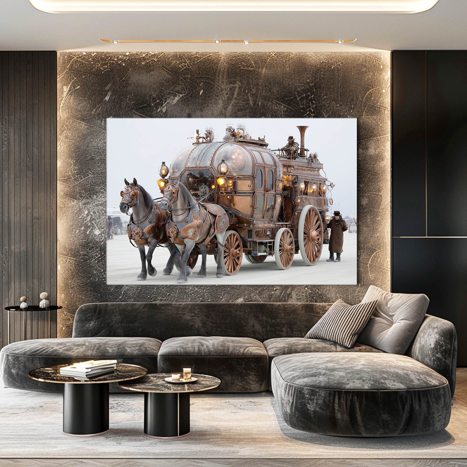 Brass Steam Carriage Steampunk Wall Art – styled in a furnished interior