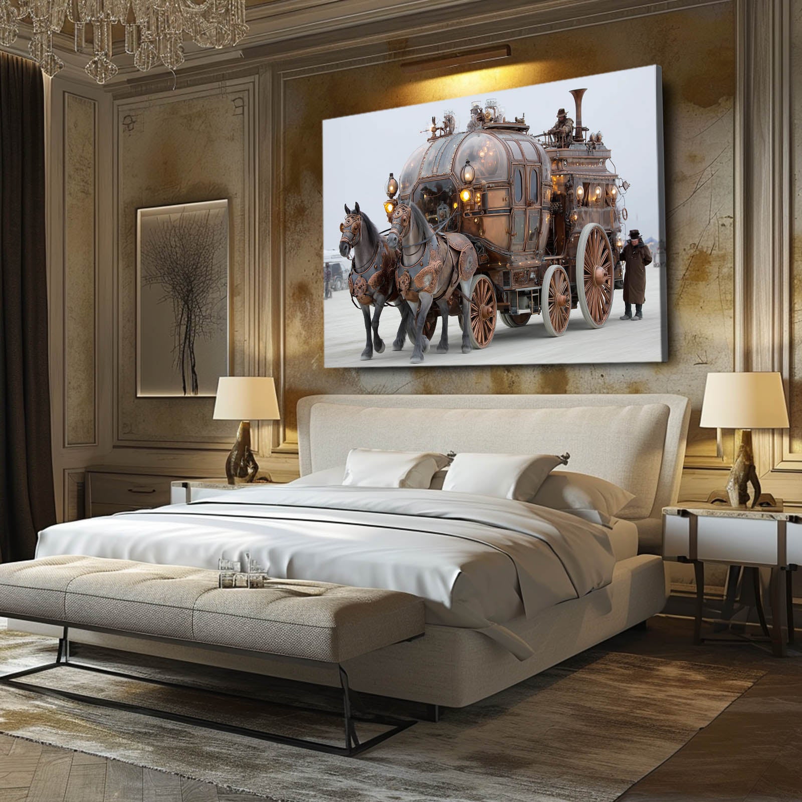 Brass Steam Carriage Steampunk Wall Art – styled in a furnished interior