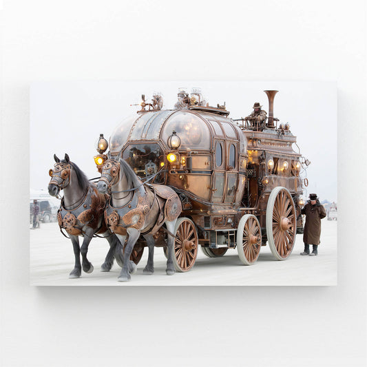 Brass Steam Carriage Steampunk Wall Art – angled canvas view on white background