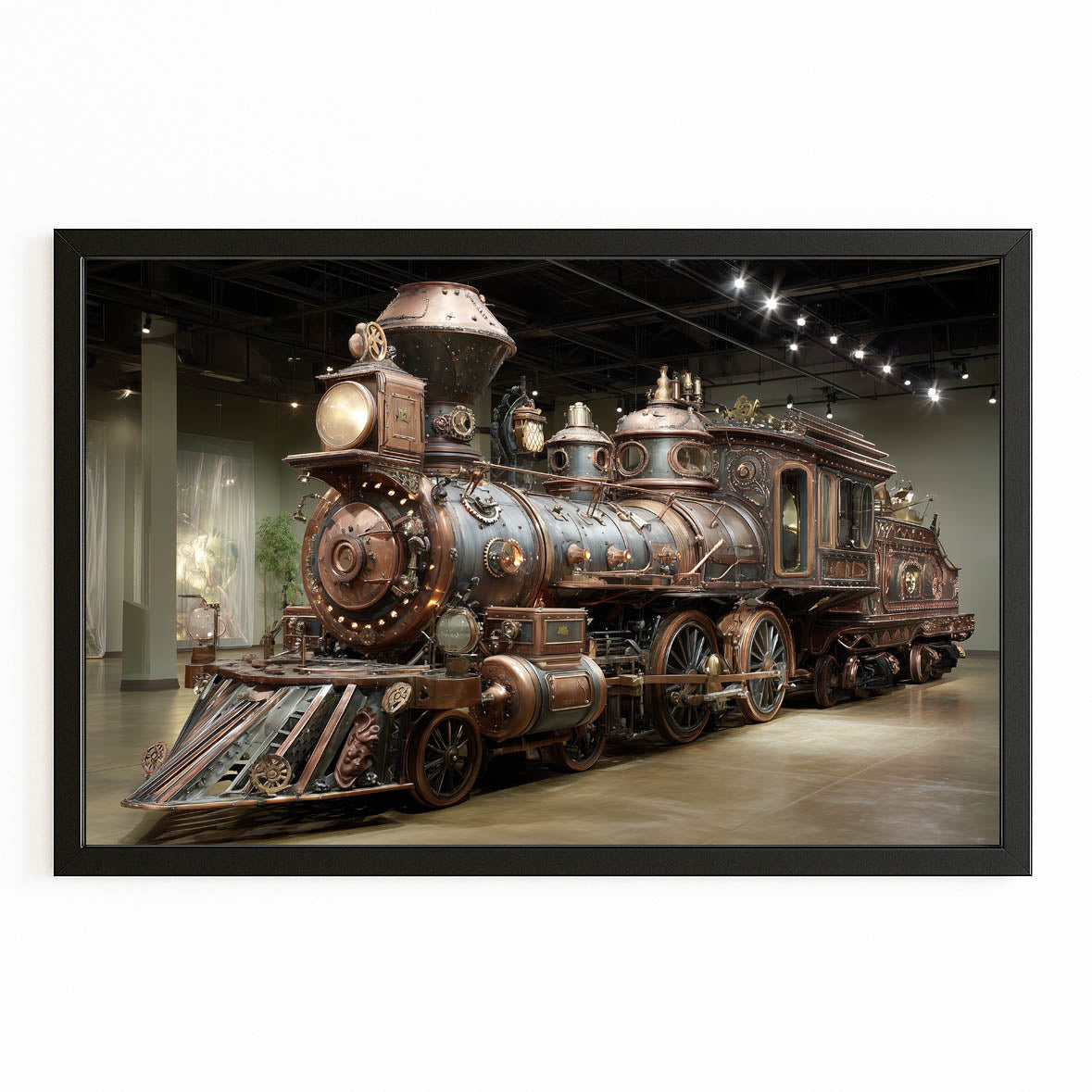 Brass Steam Locomotive Steampunk Canvas Art – with Premium Black frame on white background