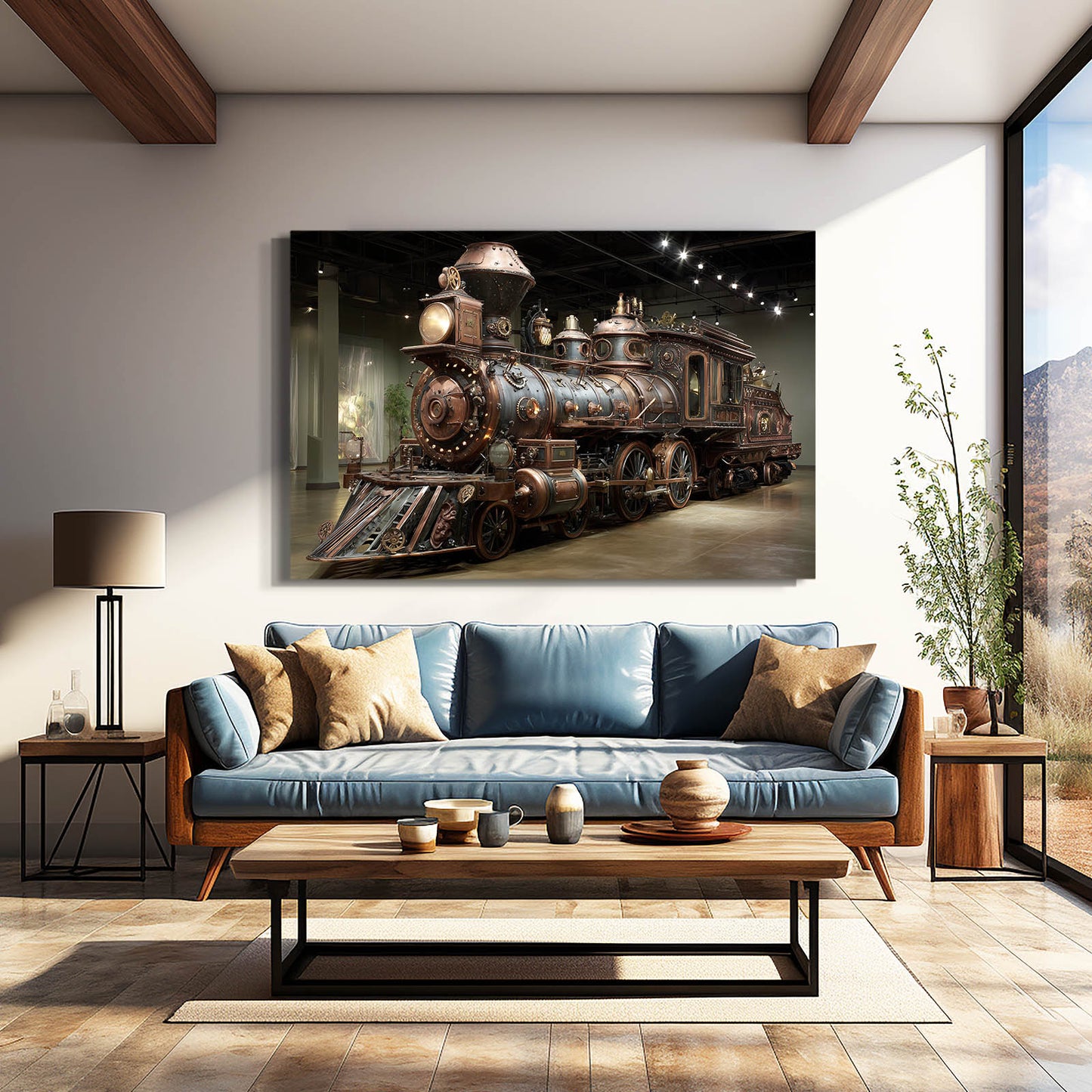 Brass Steam Locomotive Steampunk Canvas Art – styled in a furnished interior