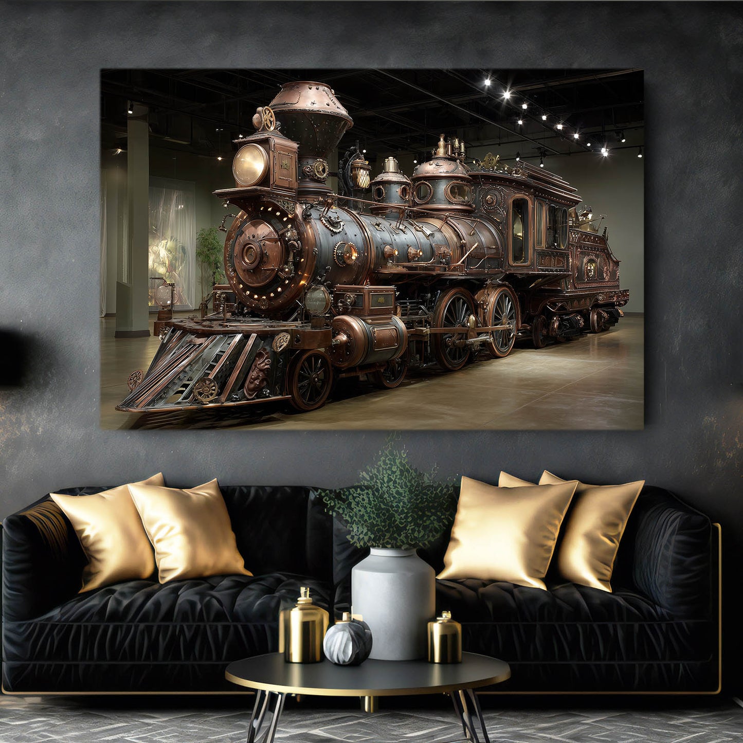 Brass Steam Locomotive Steampunk Canvas Art – styled in a furnished interior