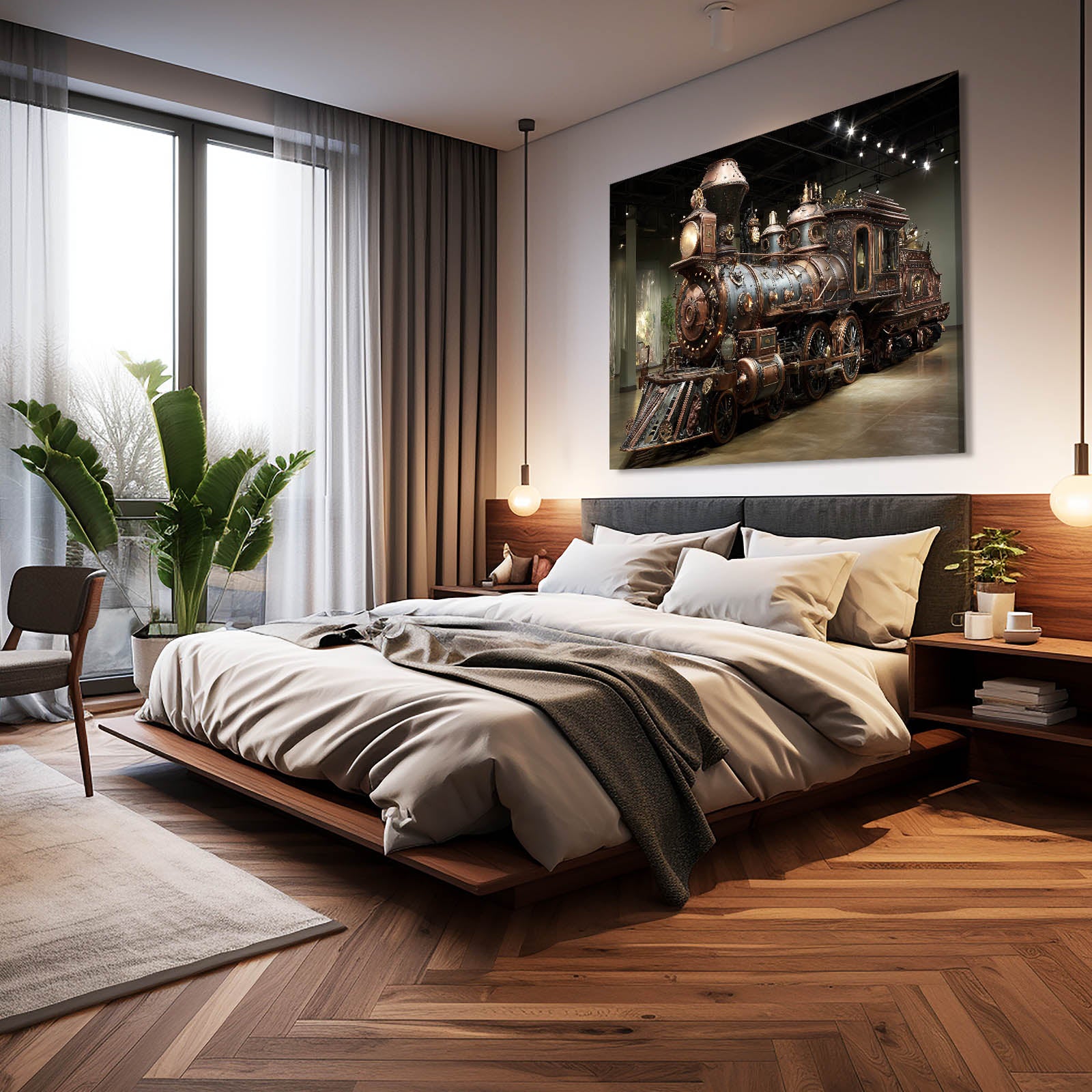 Brass Steam Locomotive Steampunk Canvas Art – styled in a furnished interior