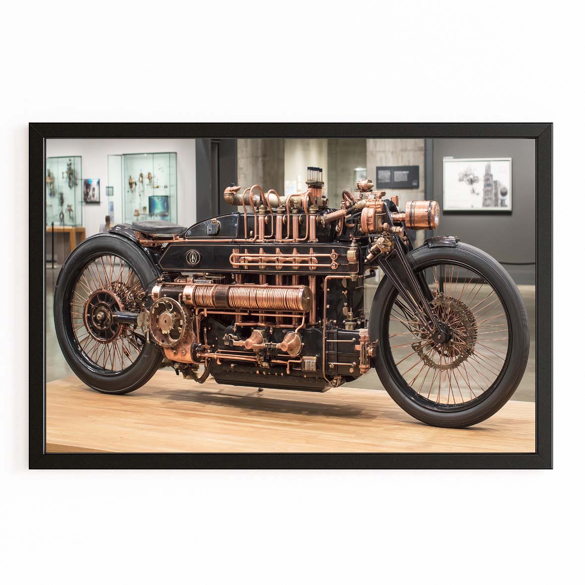 Brass Steam Motorcycle Steampunk Art – with Premium Black frame on white background