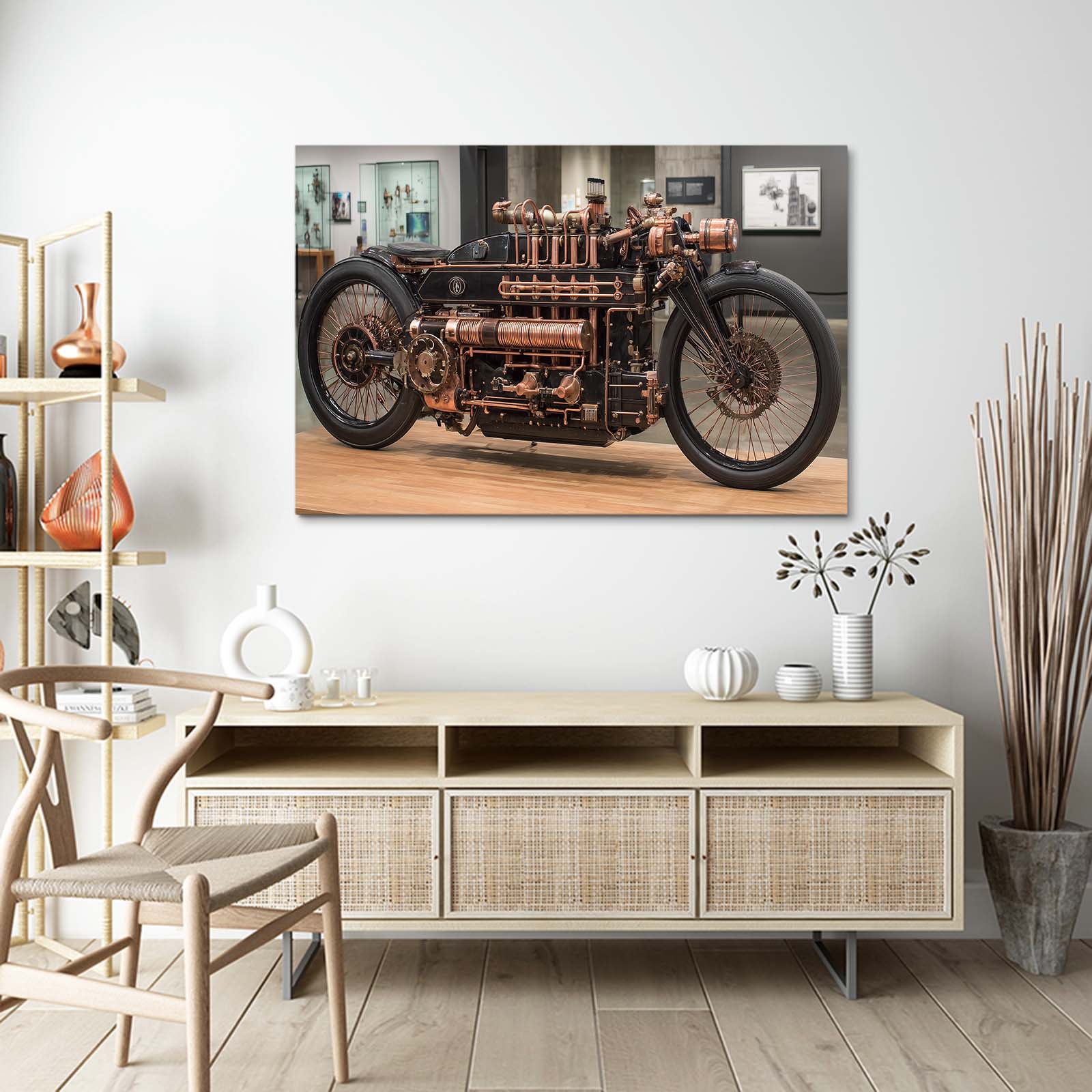 Brass Steam Motorcycle Steampunk Art – styled in a furnished interior