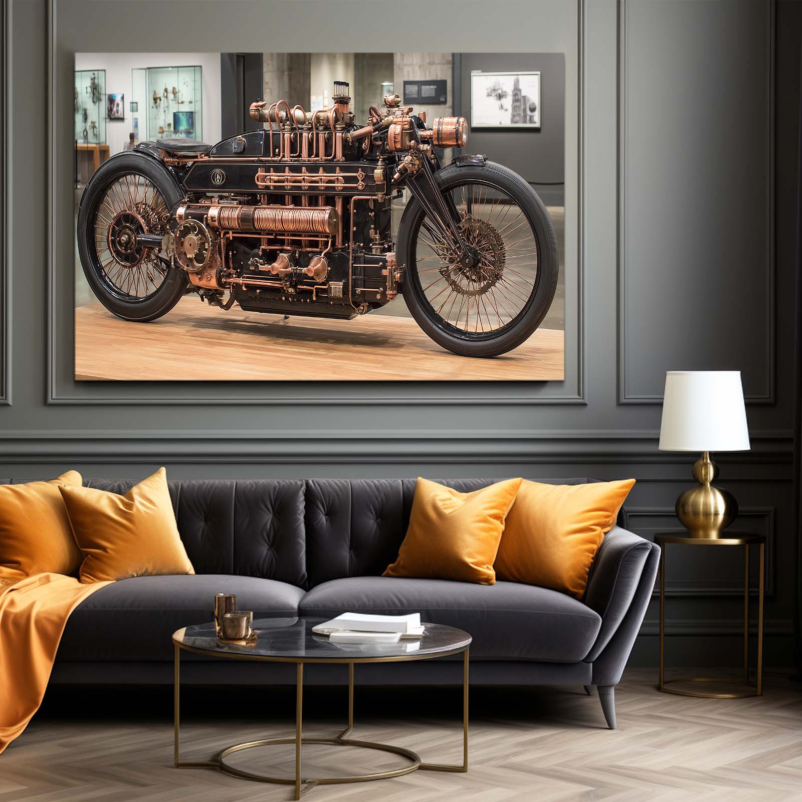 Brass Steam Motorcycle Steampunk Art – styled in a furnished interior