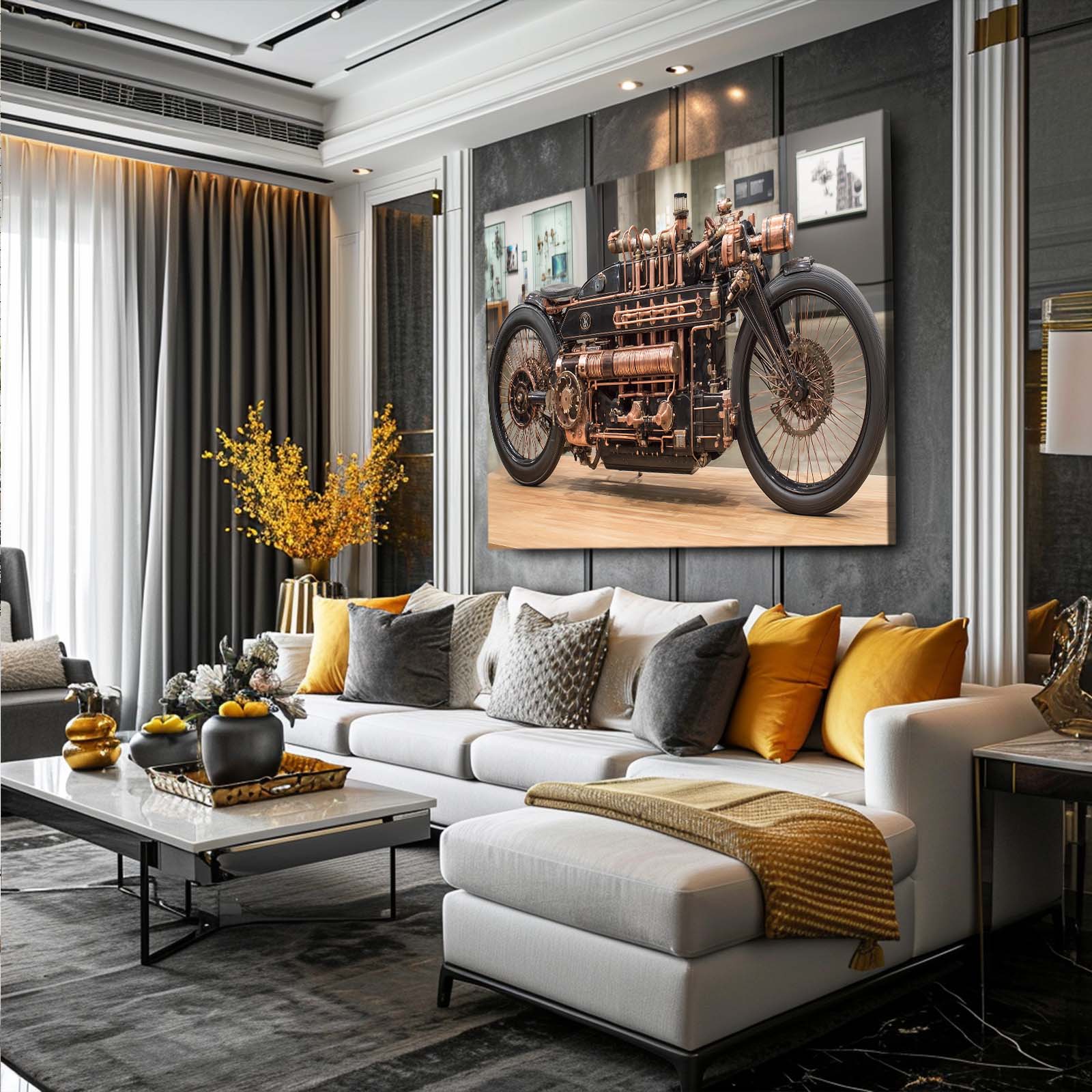 Brass Steam Motorcycle Steampunk Art – styled in a furnished interior