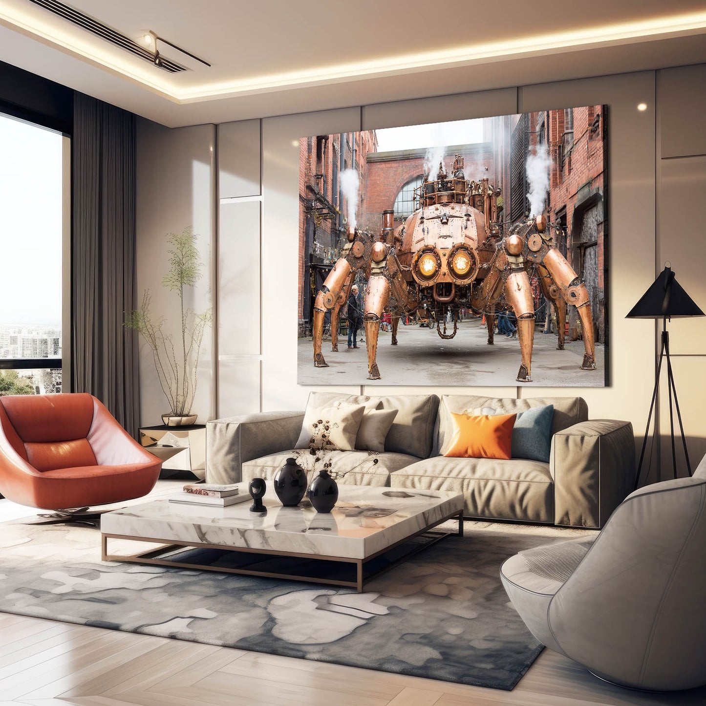 Brass Street Mechs Steampunk Canvas Art – styled in a furnished interior