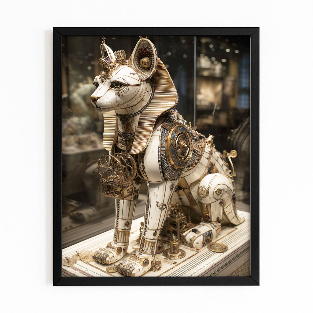 Brass Temple Cat Steampunk Wall Decor – with Premium Black frame on white background